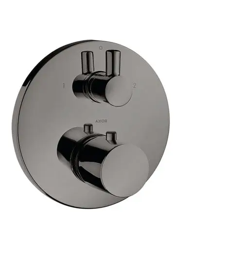 Thermostat mit zwei Bedienelementen und runder Blende in Polished Black Chrome, gestaltet von AXOR, zur Unterputzmontage.